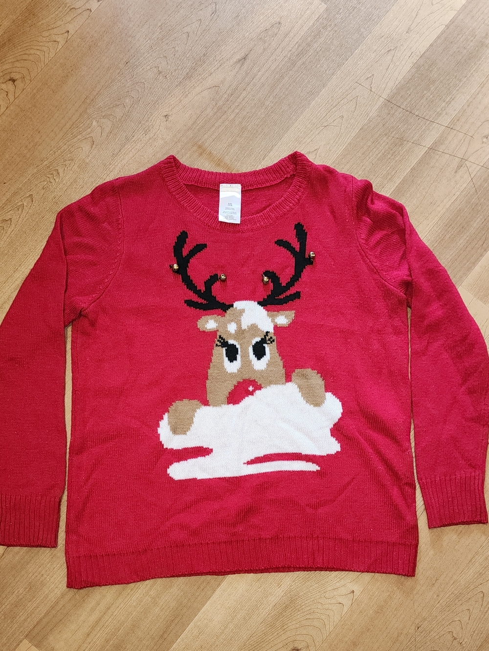 Red Crewneck Sweater with Festive Reindeer Motif